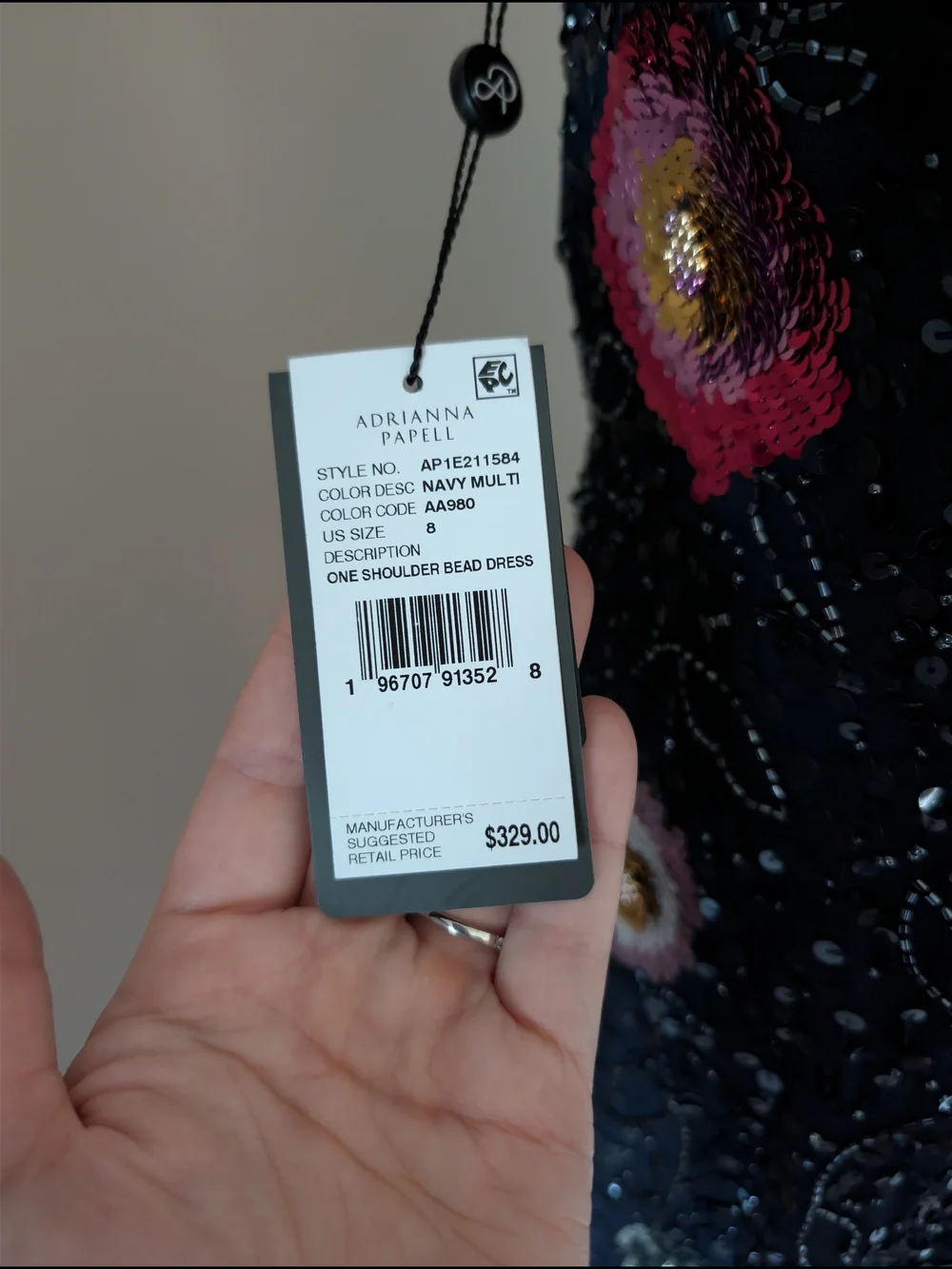 NWT Adrianna Papell One-Shoulder Floral Beaded Sequin Formal Gown Navy Size 8 - Picture 3 of 9